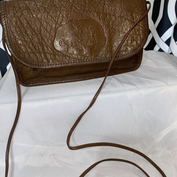Vintage Carlos Falchi Crossbody Purse Bag Brown‎ Leather Embossed Size 9"x 5" - Picture 1 of 11